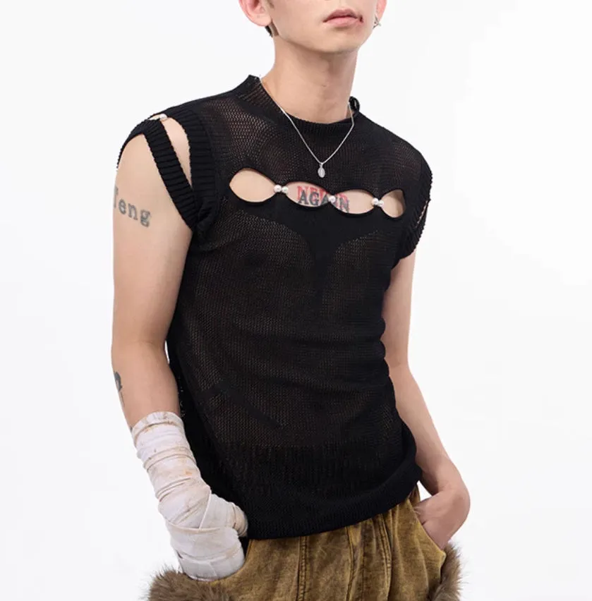 Dark hollow-out knitmesh sleeveless T-shirt with round collar, solid black colour, regular length