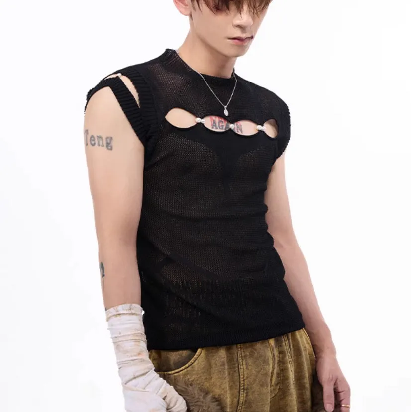 Dark hollow-out knitmesh sleeveless T-shirt with round collar, solid black colour, regular length