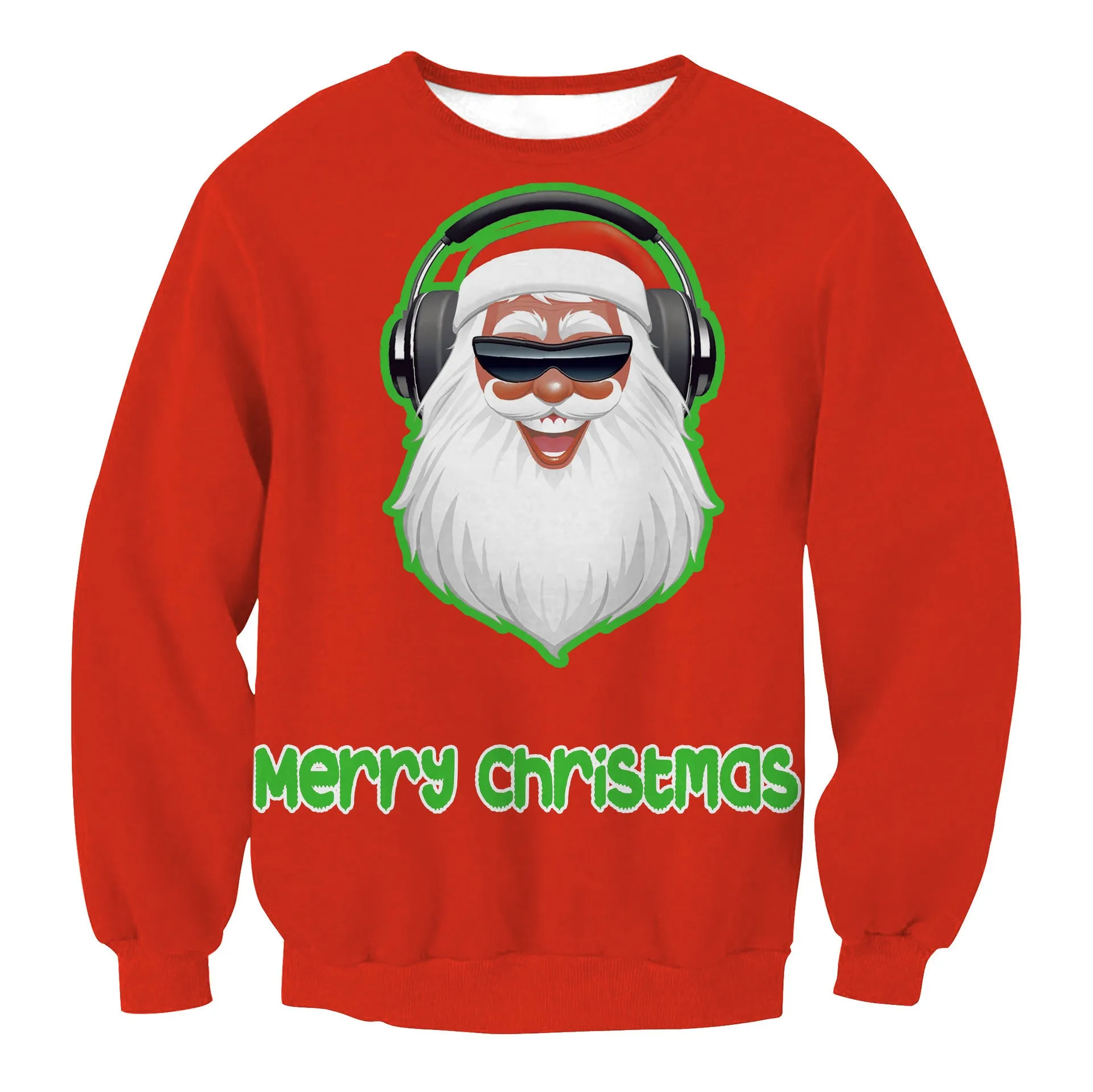 Ugly Christmas sweater with Santa and Elf print, long sleeves, round neck, loose fit for women and men