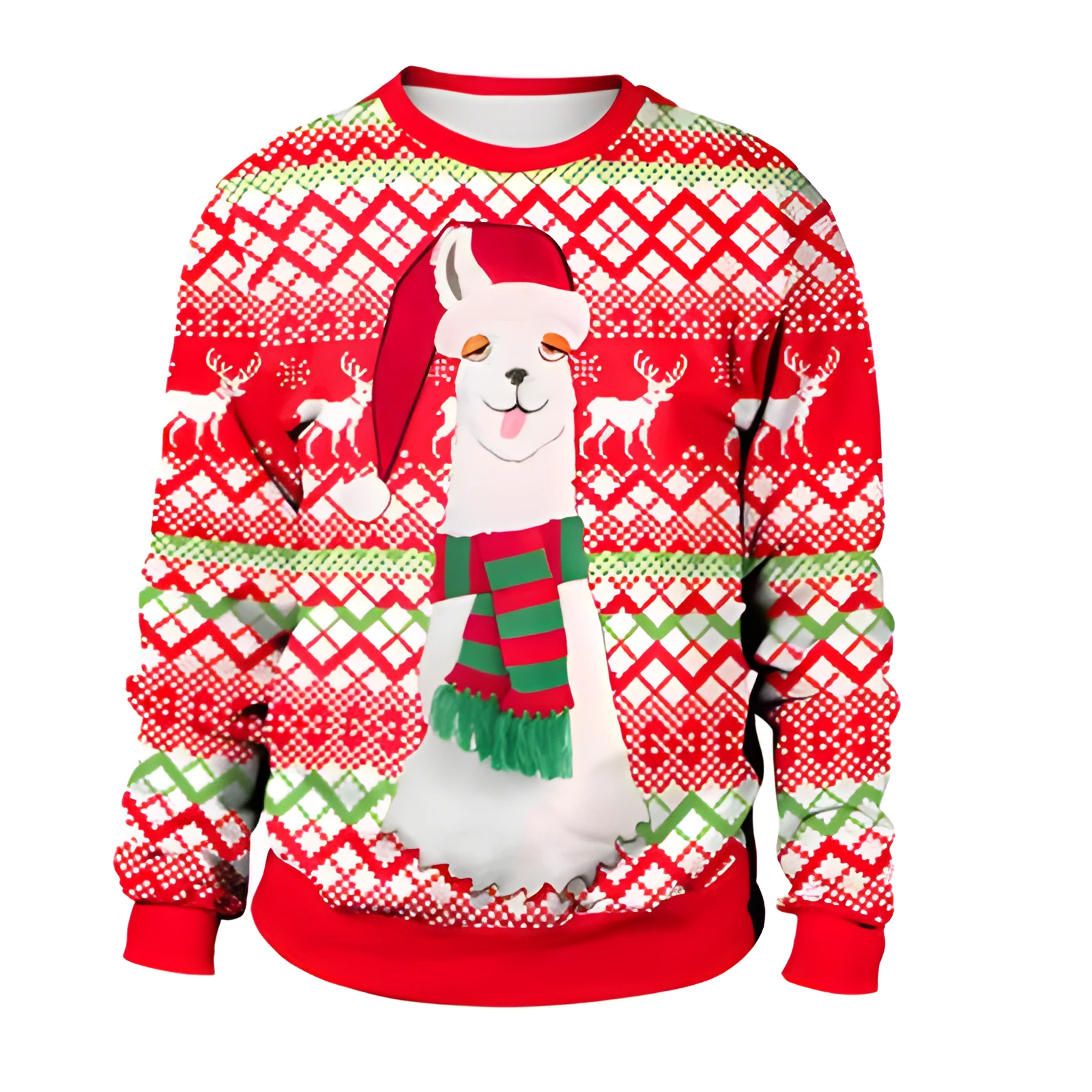 Ugly Christmas sweater with Santa and Elf print, long sleeves, round neck, loose fit for women and men