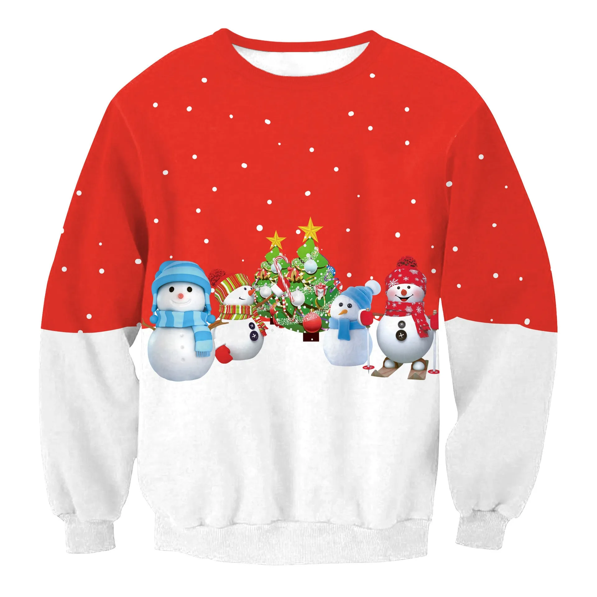 Ugly Christmas sweater with Santa and Elf print, long sleeves, round neck, loose fit for women and men