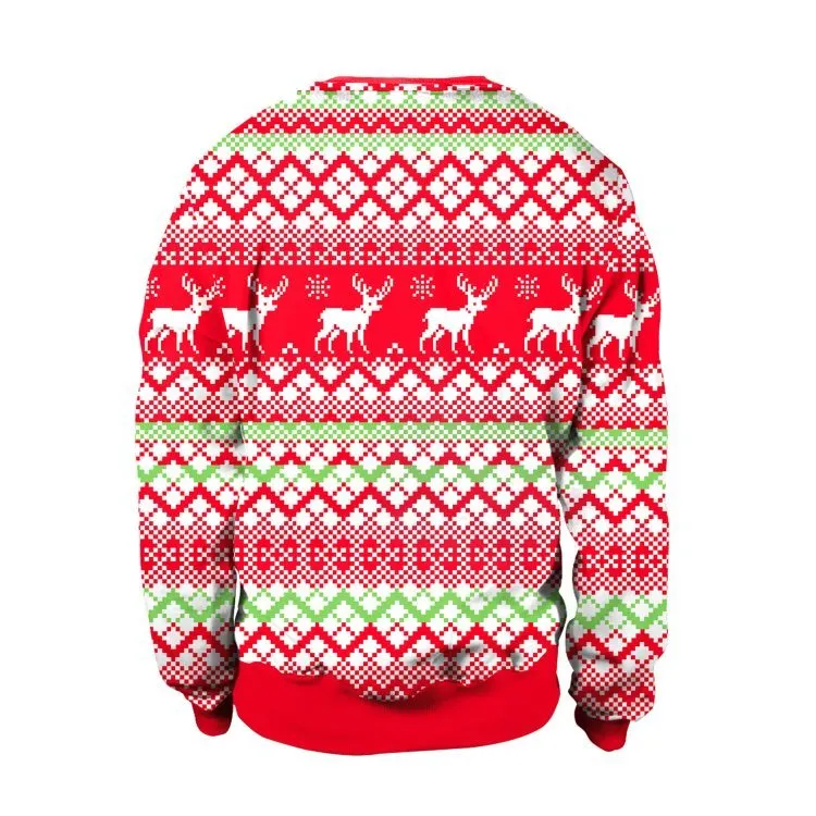 Ugly Christmas sweater with Santa and Elf print, long sleeves, round neck, loose fit for women and men