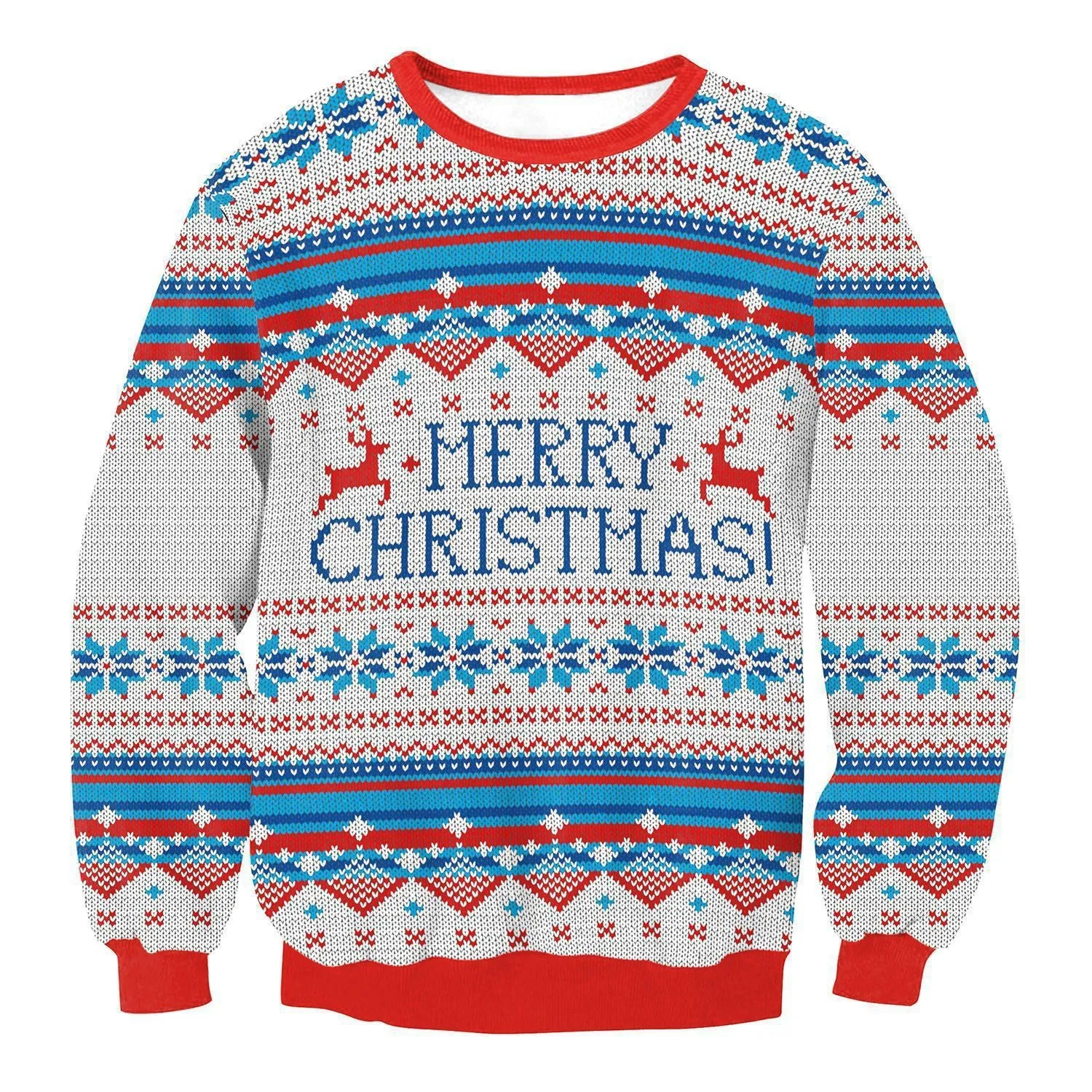 Ugly Christmas sweater with Santa and Elf print, long sleeves, round neck, loose fit for women and men