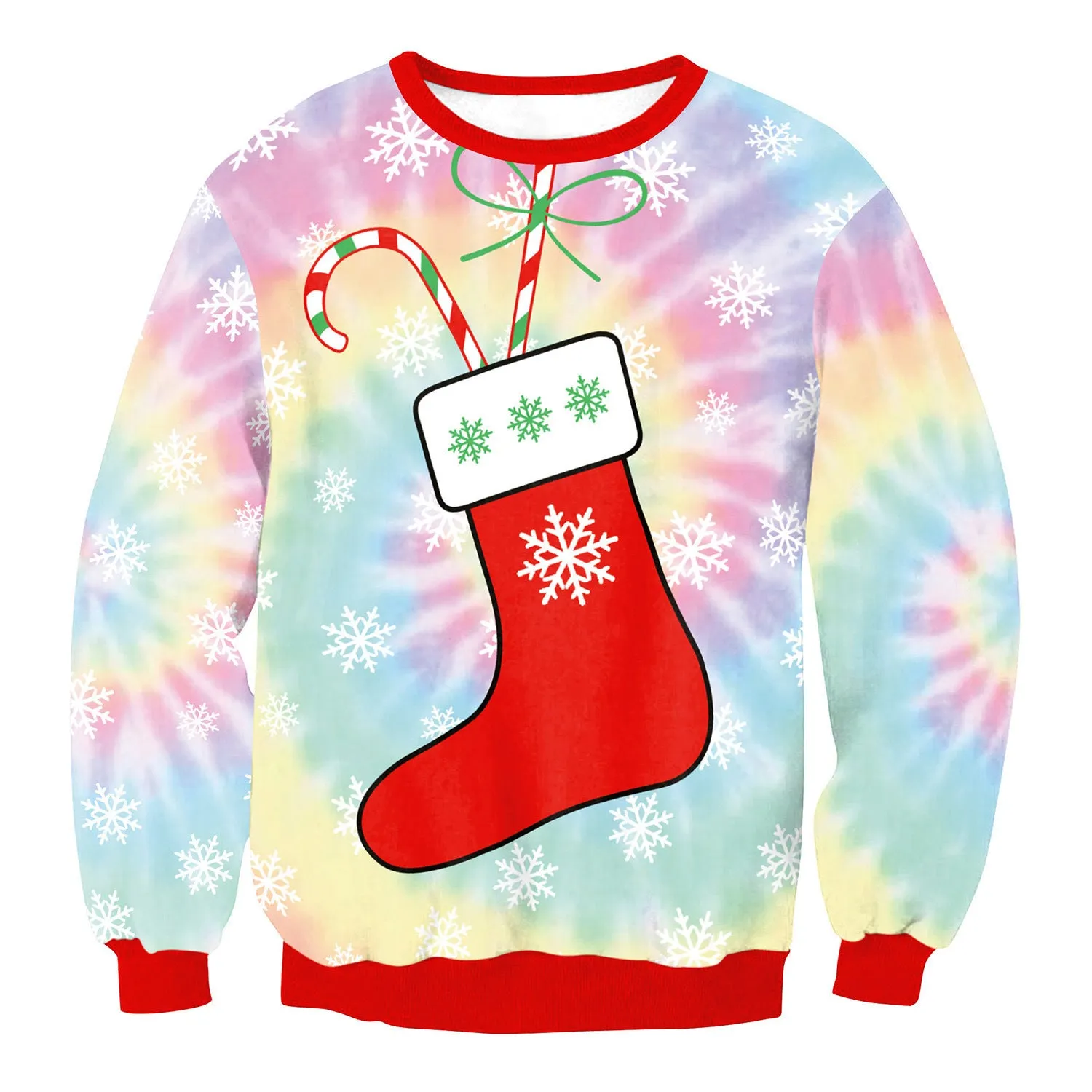 Ugly Christmas sweater with Santa and Elf print, long sleeves, round neck, loose fit for women and men