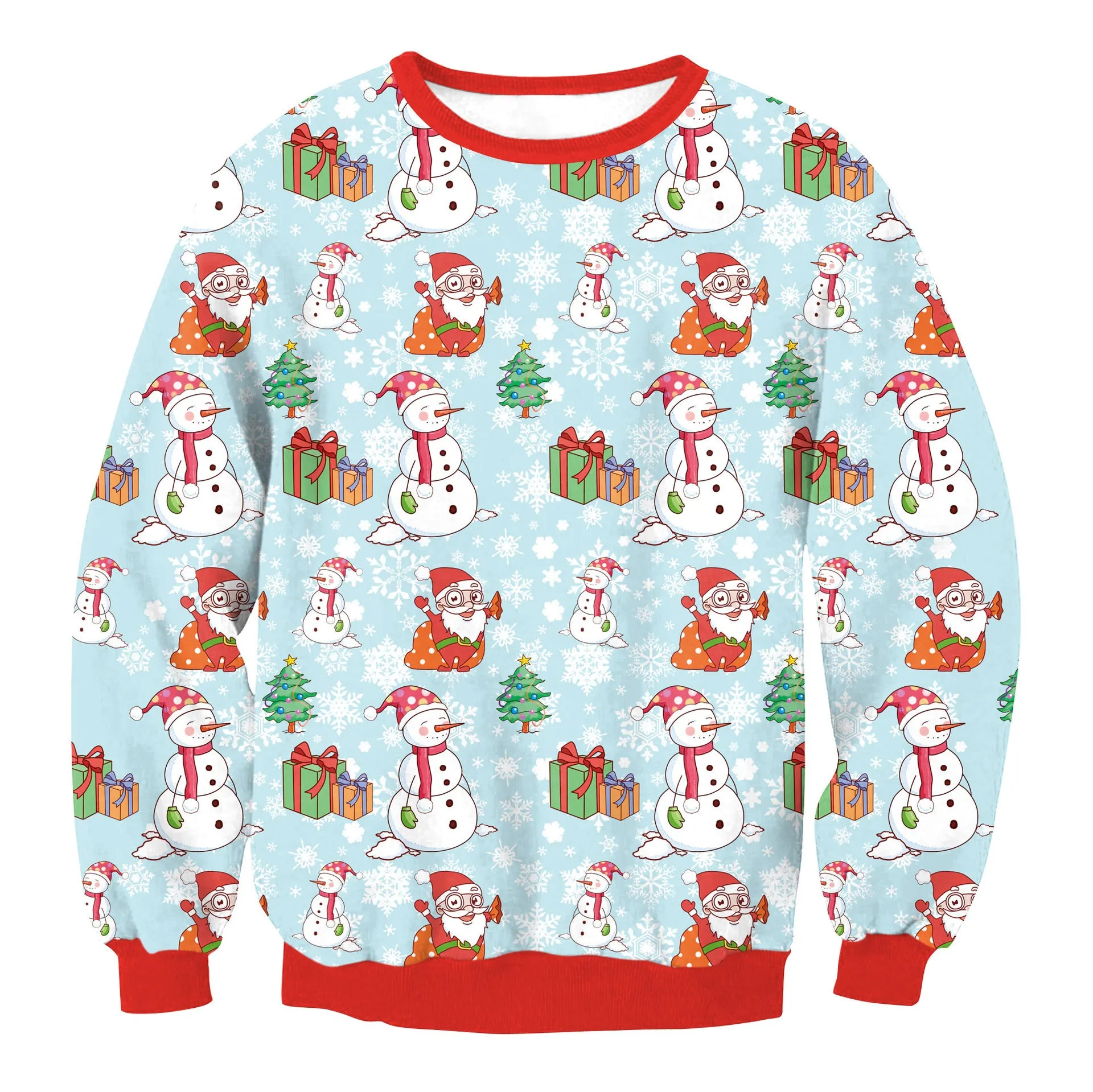 Ugly Christmas sweater with Santa and Elf print, long sleeves, round neck, loose fit for women and men