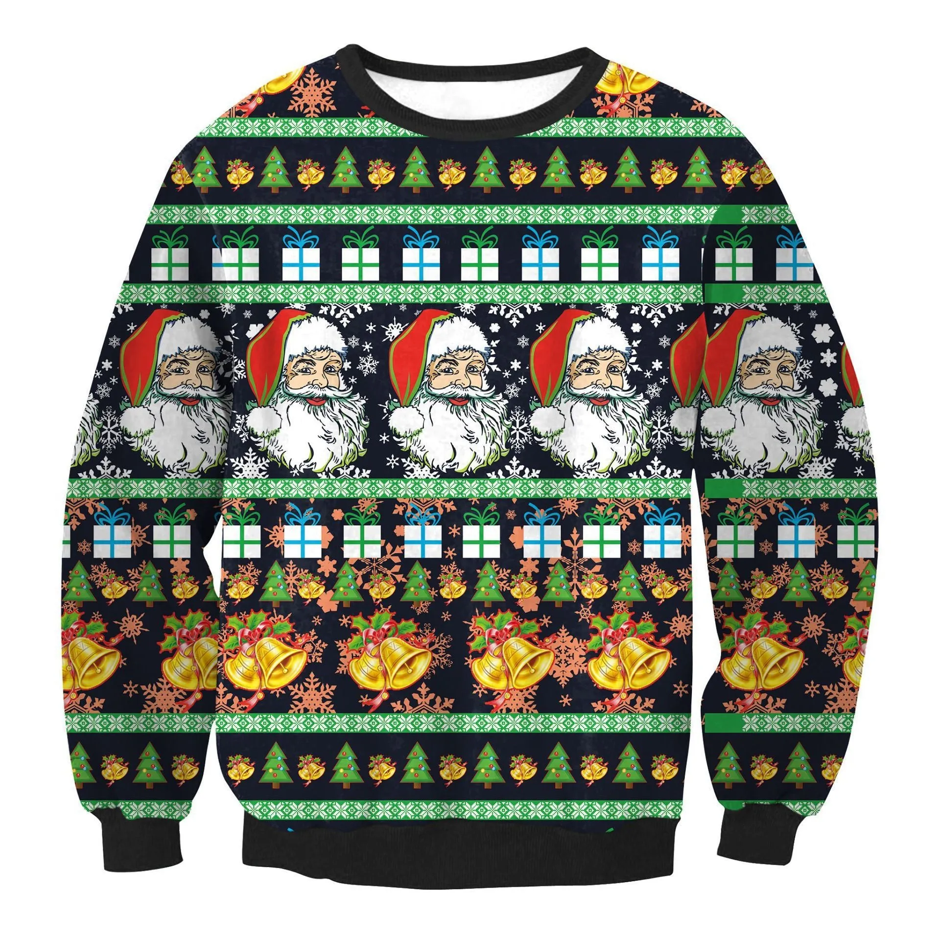 Ugly Christmas sweater with Santa and Elf print, long sleeves, round neck, loose fit for women and men