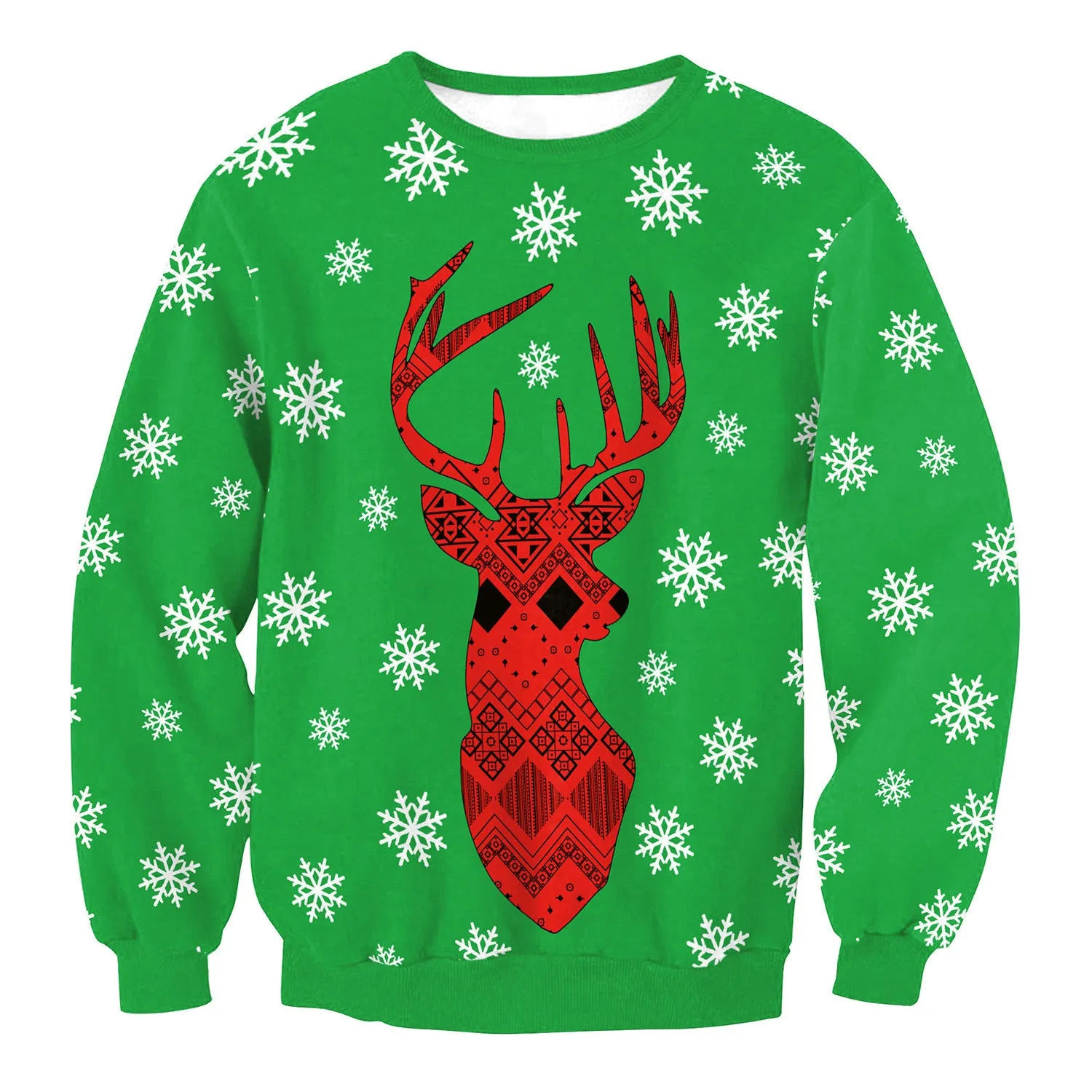 Ugly Christmas sweater with Santa and Elf print, long sleeves, round neck, loose fit for women and men