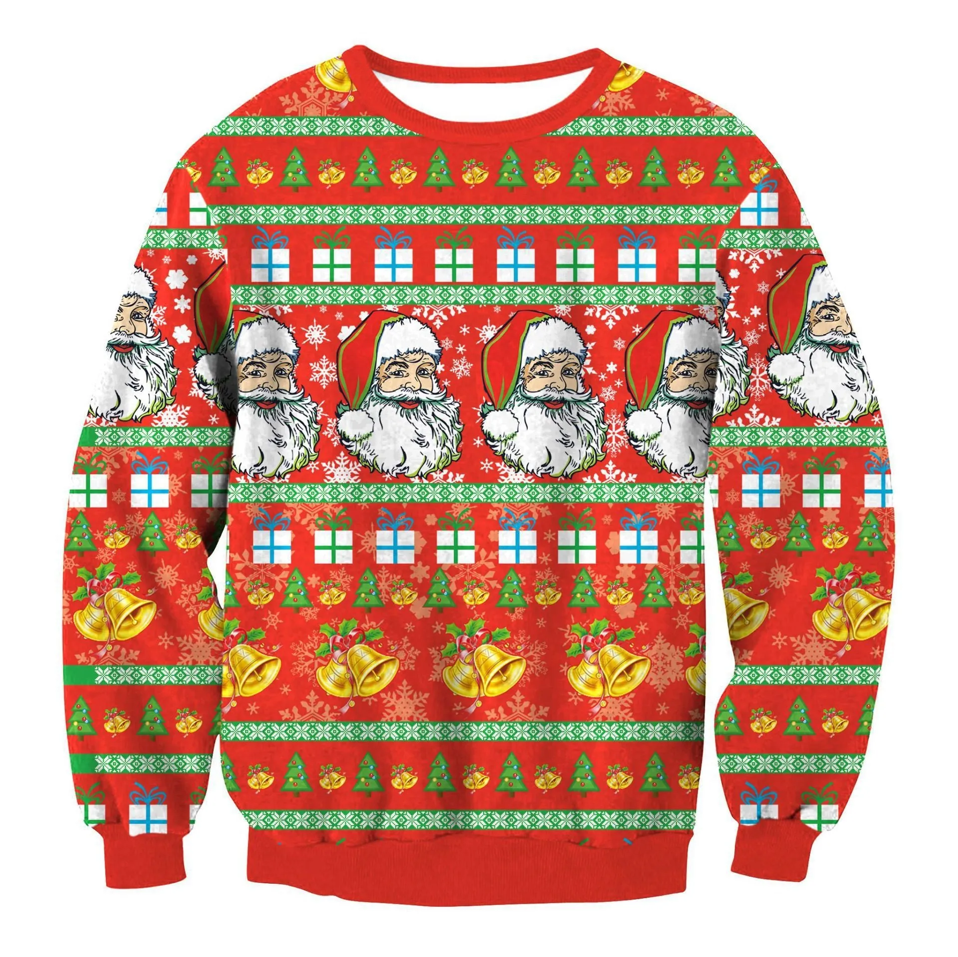 Ugly Christmas sweater with Santa and Elf print, long sleeves, round neck, loose fit for women and men