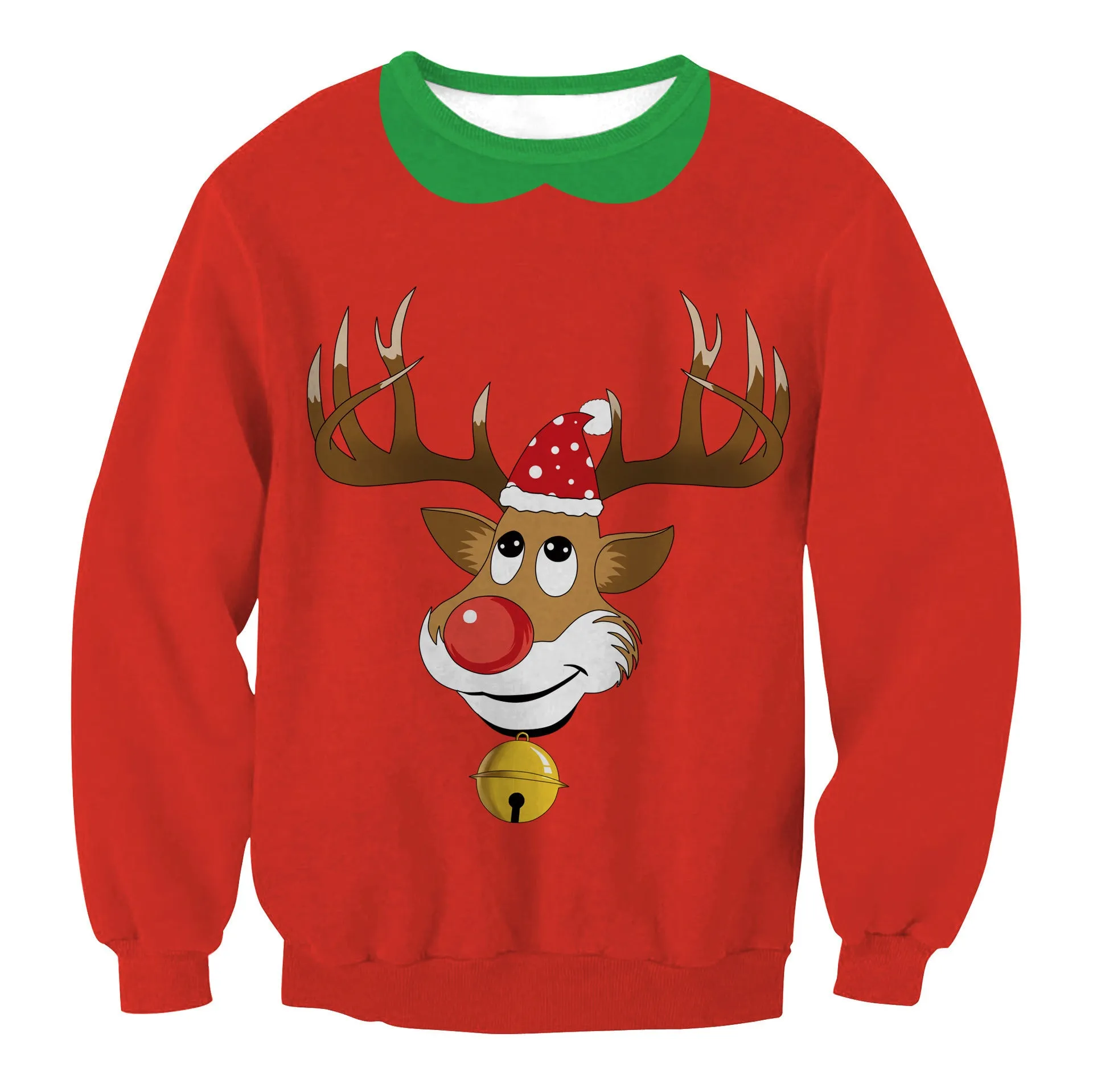 Ugly Christmas sweater with Santa and Elf print, long sleeves, round neck, loose fit for women and men