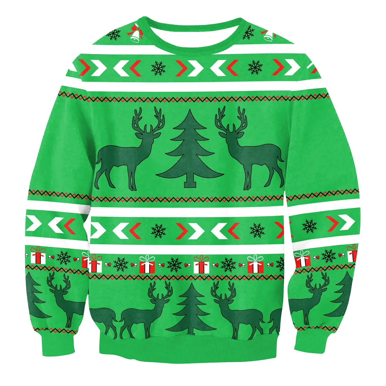 Ugly Christmas sweater with Santa and Elf print, long sleeves, round neck, loose fit for women and men