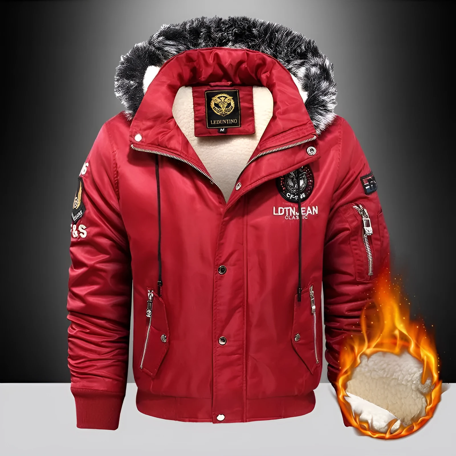 Thick casual polyester hooded coat for men in black, blue, and red colours
