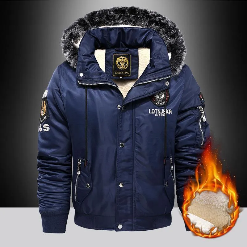 Thick casual polyester hooded coat for men in black, blue, and red colours
