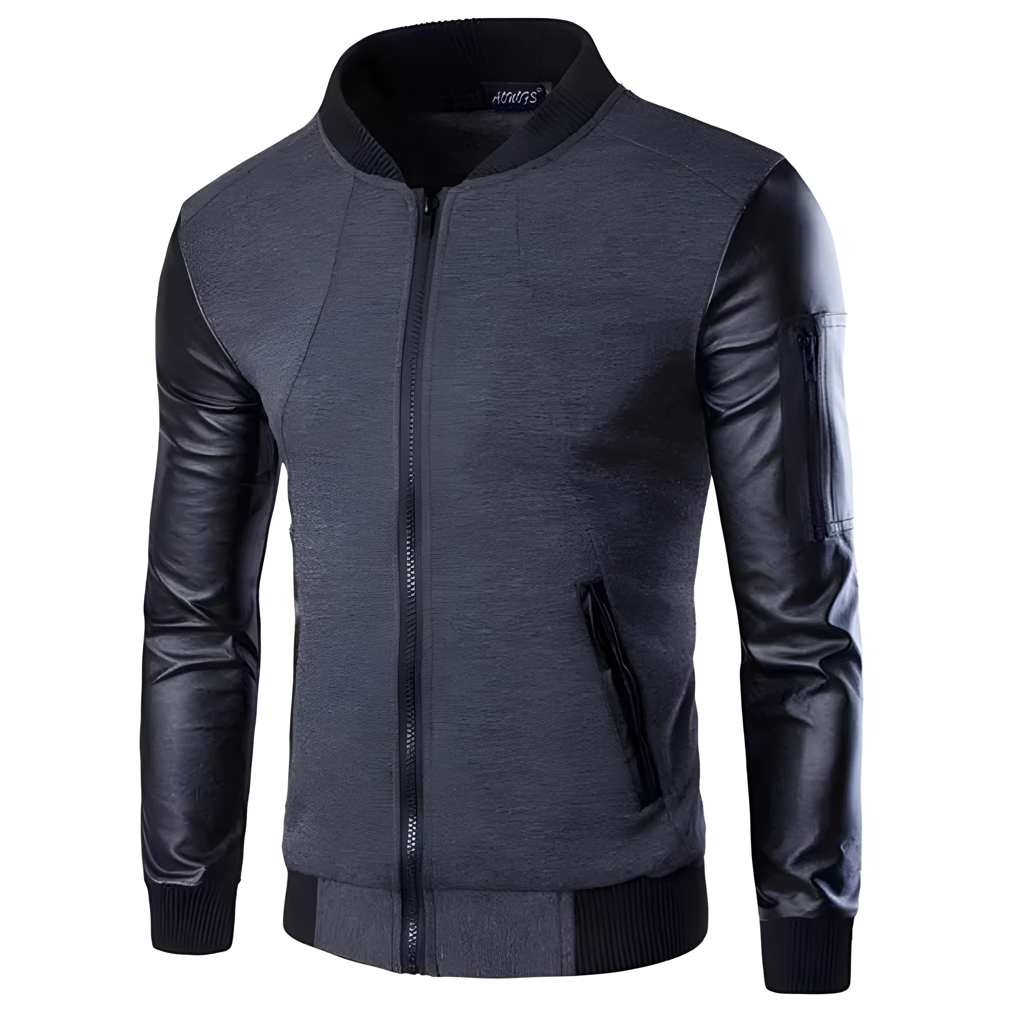 Mens patchwork sleeve jacket in black shown on model, available in sizes M to XXXL