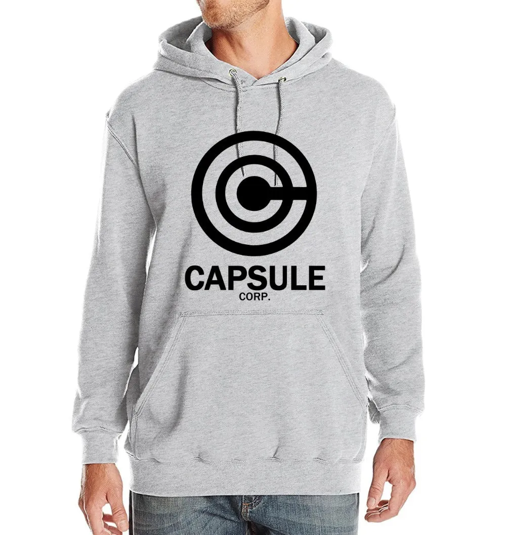 Capsule Corp men's hip hop hoodie with print pattern, turn-down collar, and hood in black white colourway