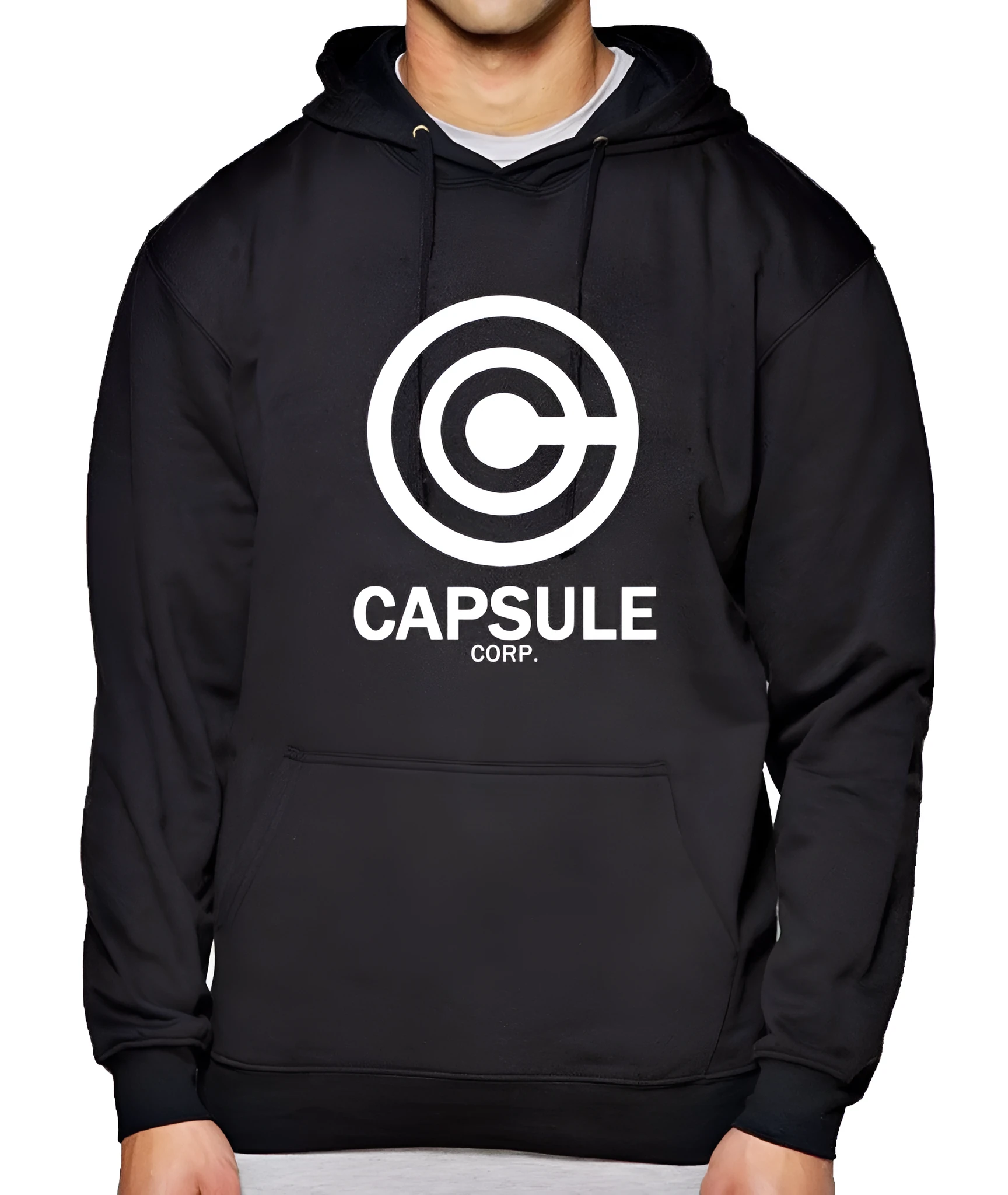 Capsule Corp men's hip hop hoodie with print pattern, turn-down collar, and hood in black white colourway