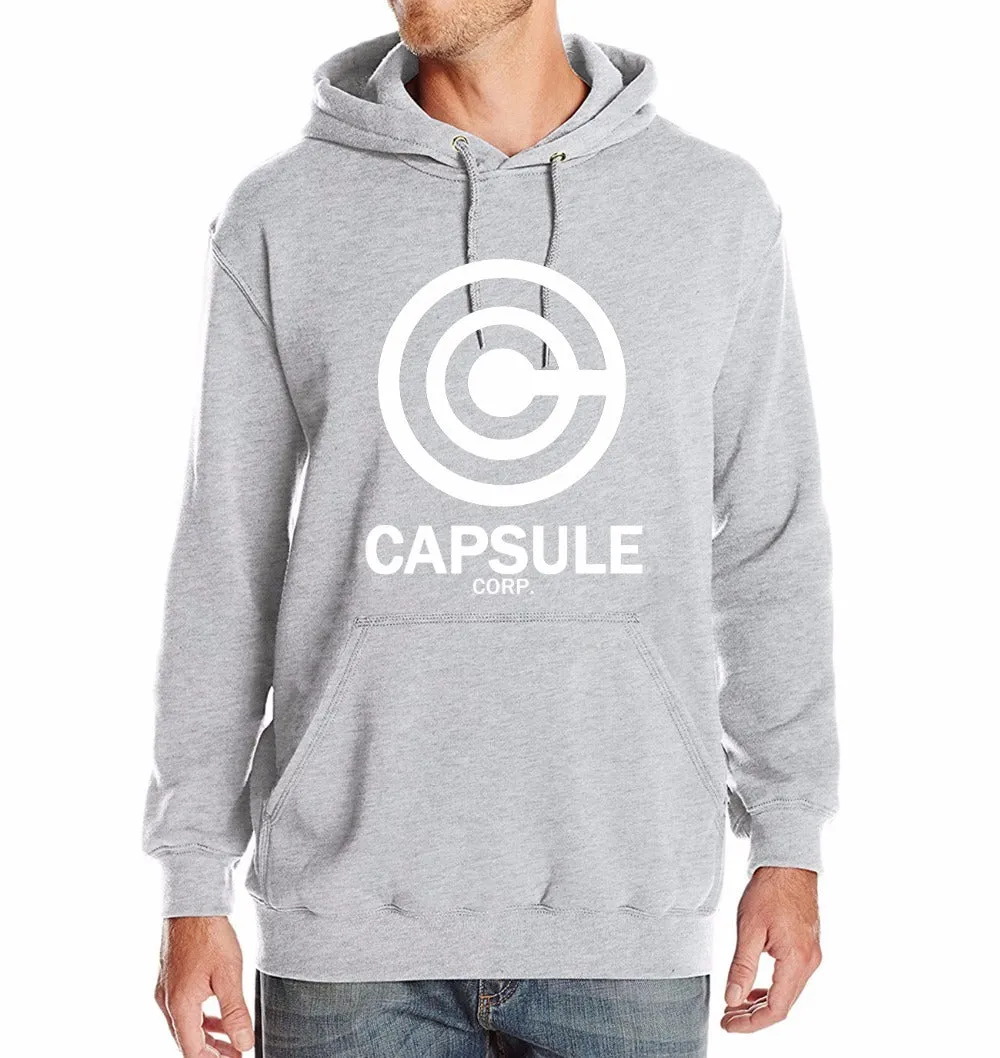 Capsule Corp men's hip hop hoodie with print pattern, turn-down collar, and hood in black white colourway