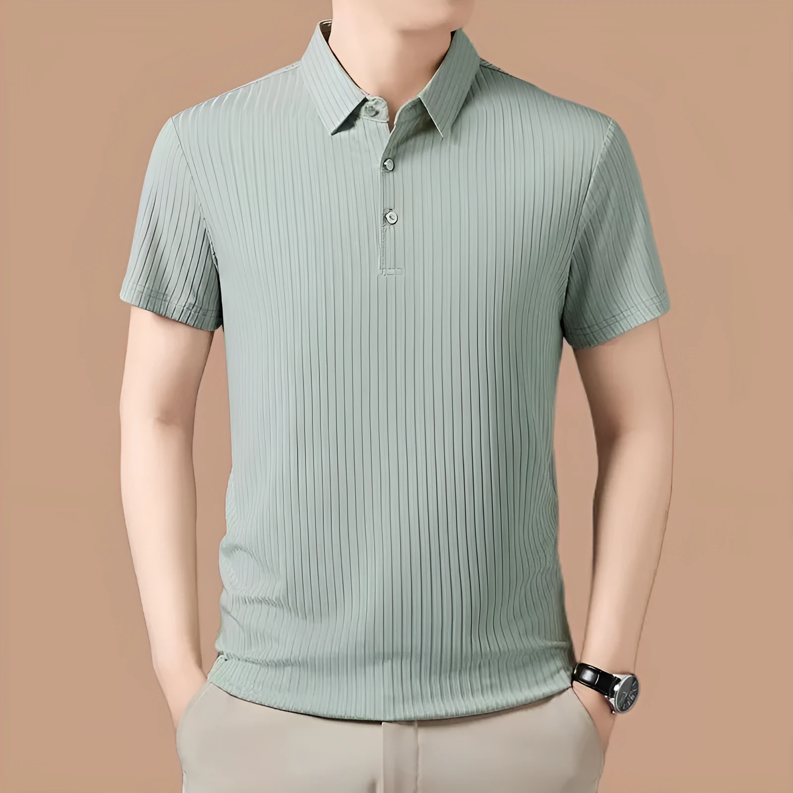 Men's ice silk polo shirt with striped pattern and asymmetric cut-out lapel in light green