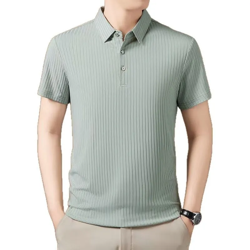Men's ice silk polo shirt with striped pattern and asymmetric cut-out lapel in light green