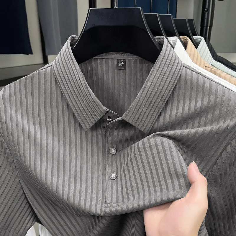 Men's ice silk polo shirt with striped pattern and asymmetric cut-out lapel in light green