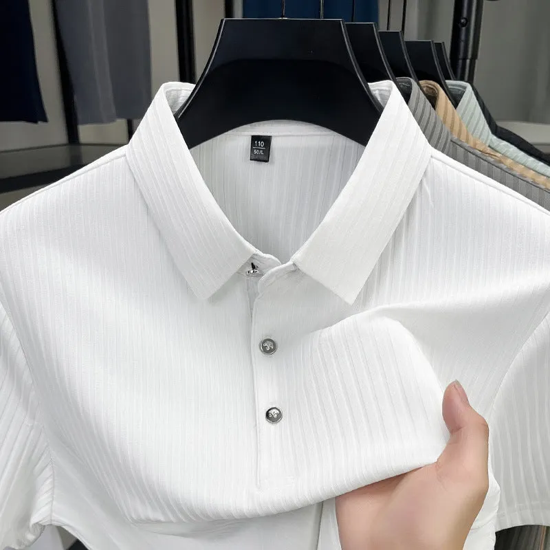Men's ice silk polo shirt with striped pattern and asymmetric cut-out lapel in light green