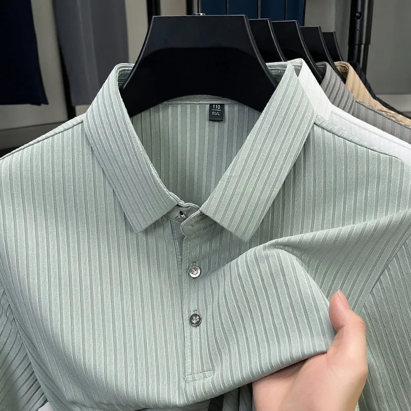 Men's ice silk polo shirt with striped pattern and asymmetric cut-out lapel in light green