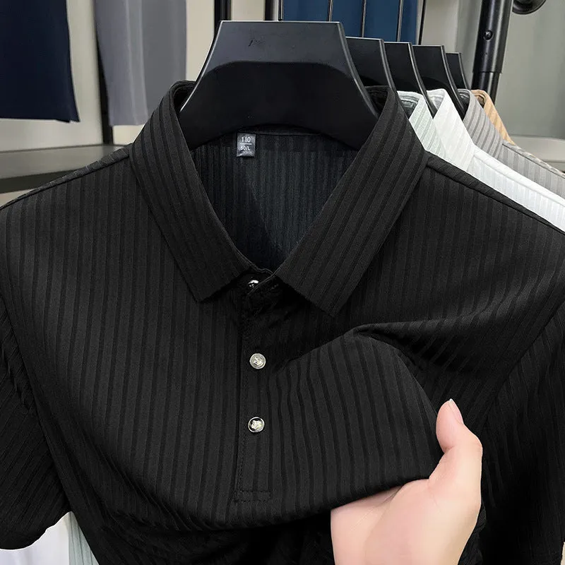 Men's ice silk polo shirt with striped pattern and asymmetric cut-out lapel in light green