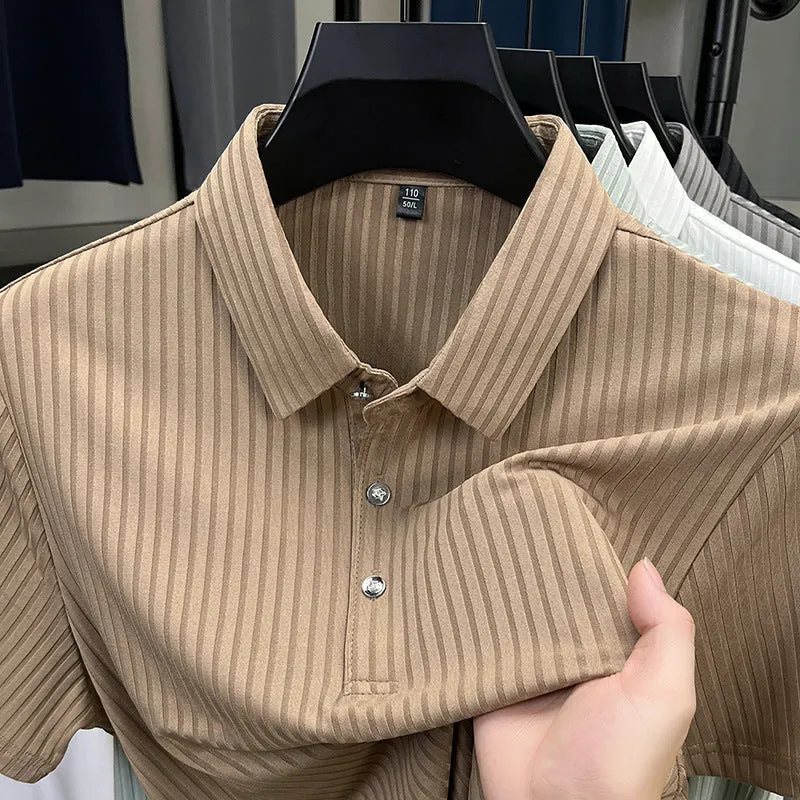 Men's ice silk polo shirt with striped pattern and asymmetric cut-out lapel in light green