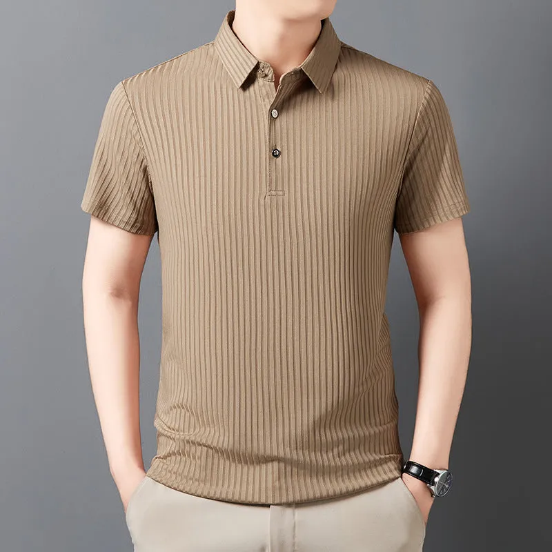 Men's ice silk polo shirt with striped pattern and asymmetric cut-out lapel in light green