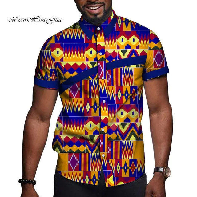 African men cotton printed short sleeve T shirt colourblock lapel collar fitted leisure top