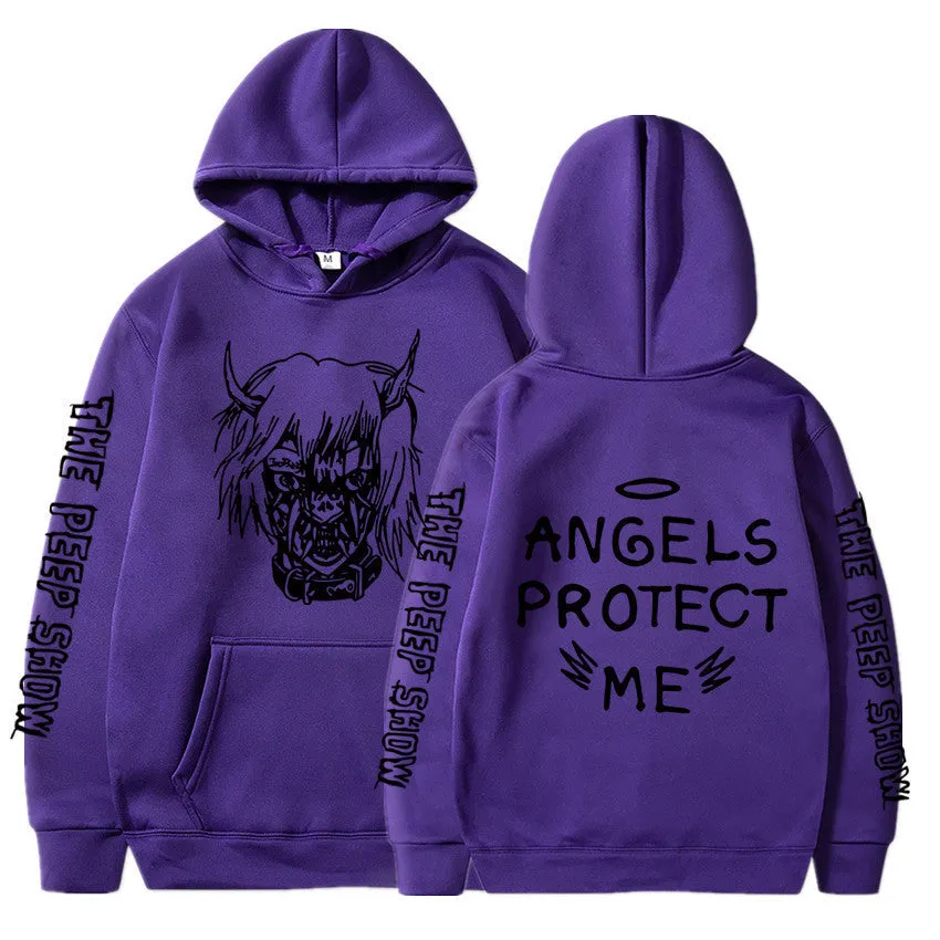 Angel And Devil cartoon print hoodie for men, hip hop style, black hooded sweatshirt with full sleeves
