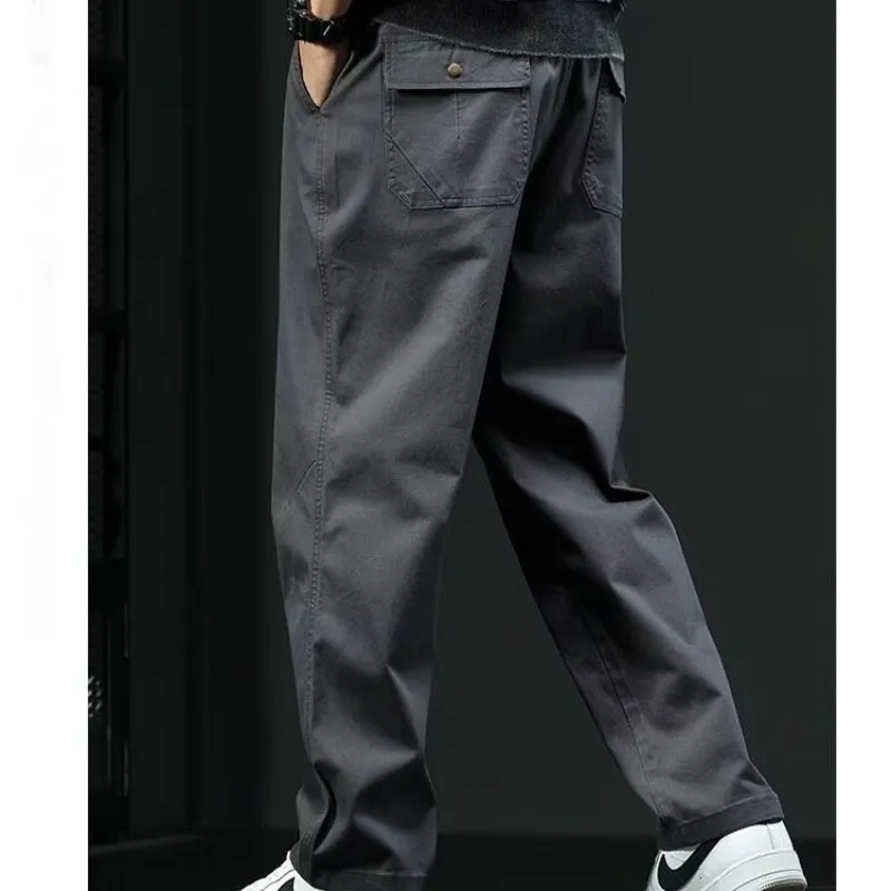 American style loose straight casual cotton trousers for men in black, mid waist, size M to 3XL