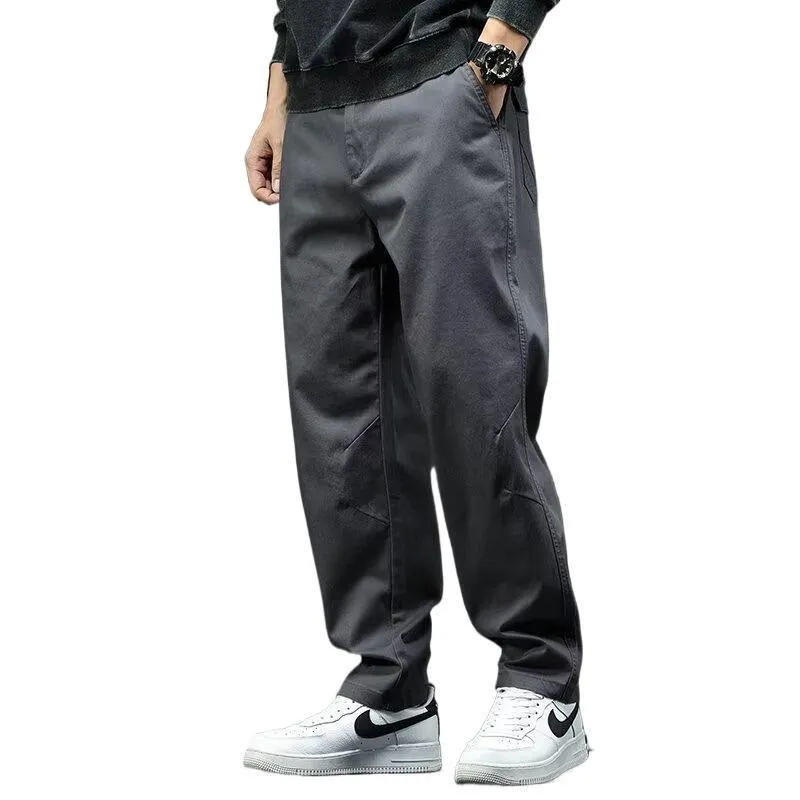 American style loose straight casual cotton trousers for men in black, mid waist, size M to 3XL