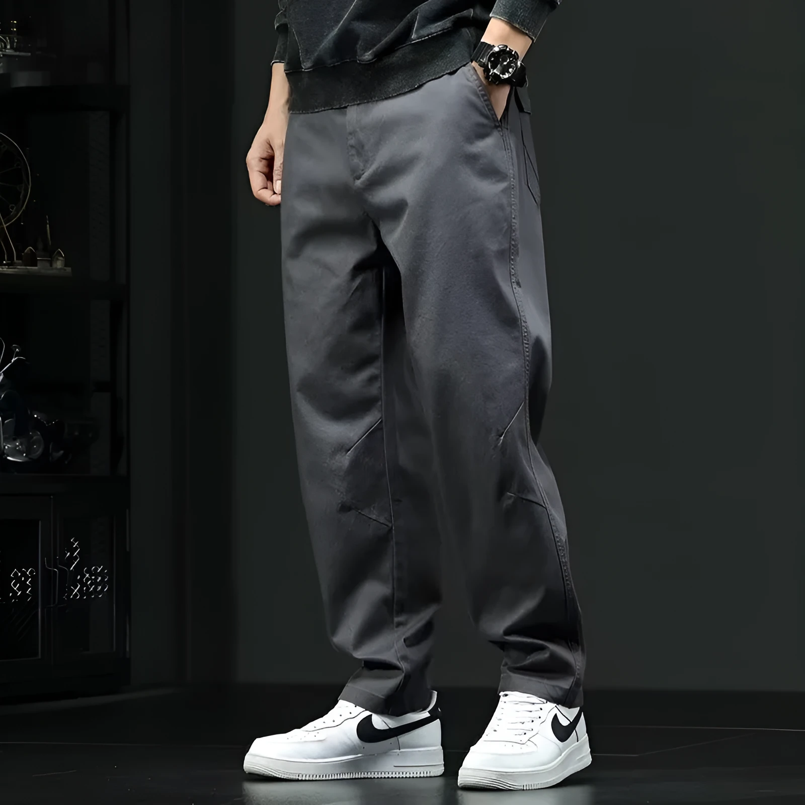 American style loose straight casual cotton trousers for men in black, mid waist, size M to 3XL