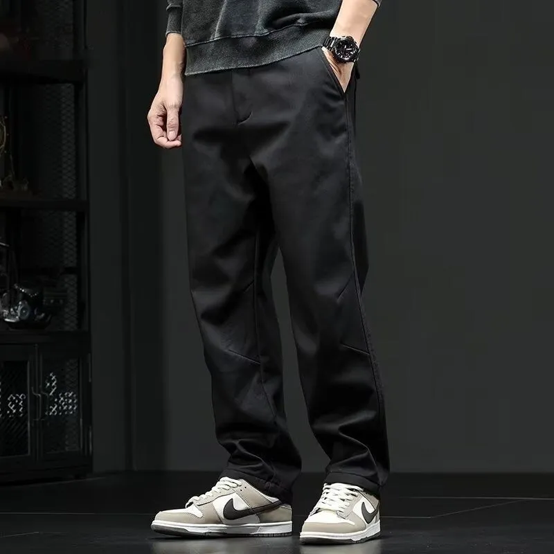 American style loose straight casual cotton trousers for men in black, mid waist, size M to 3XL