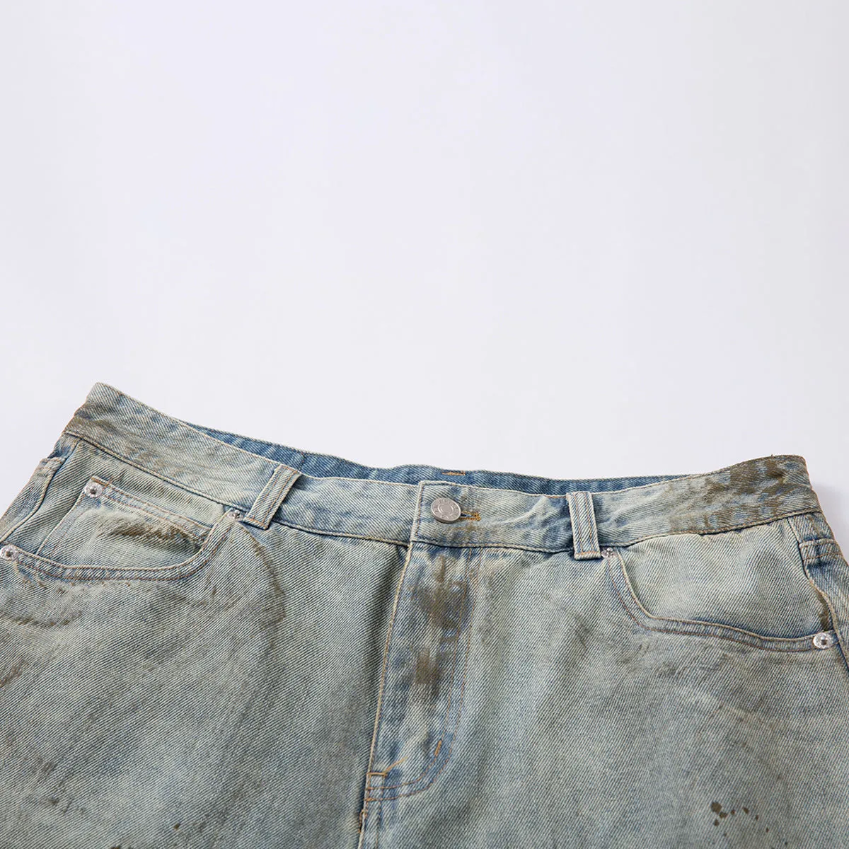 Pu Shuai blue cropped washed denim straight-leg middle pants with zipper fly on hanger