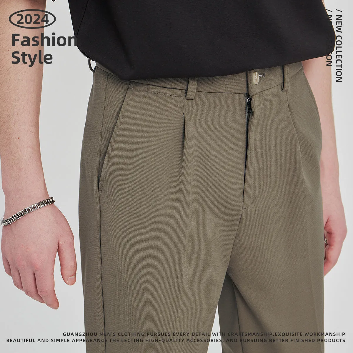 Men's slim-fit ankle length trousers in solid colour with zipper fly, anti-wrinkle polyester twill fabric