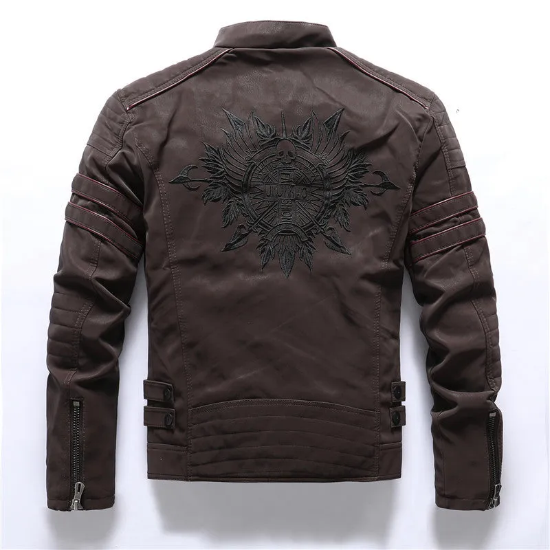 Men's brown PU leather biker jacket with front zip and lapel collar on a plain background