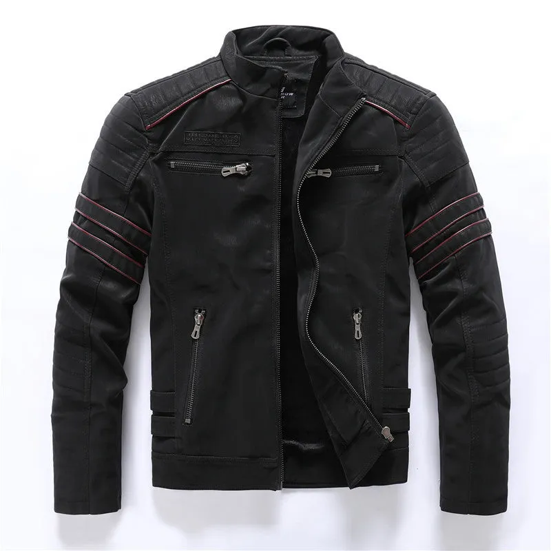 Men's brown PU leather biker jacket with front zip and lapel collar on a plain background