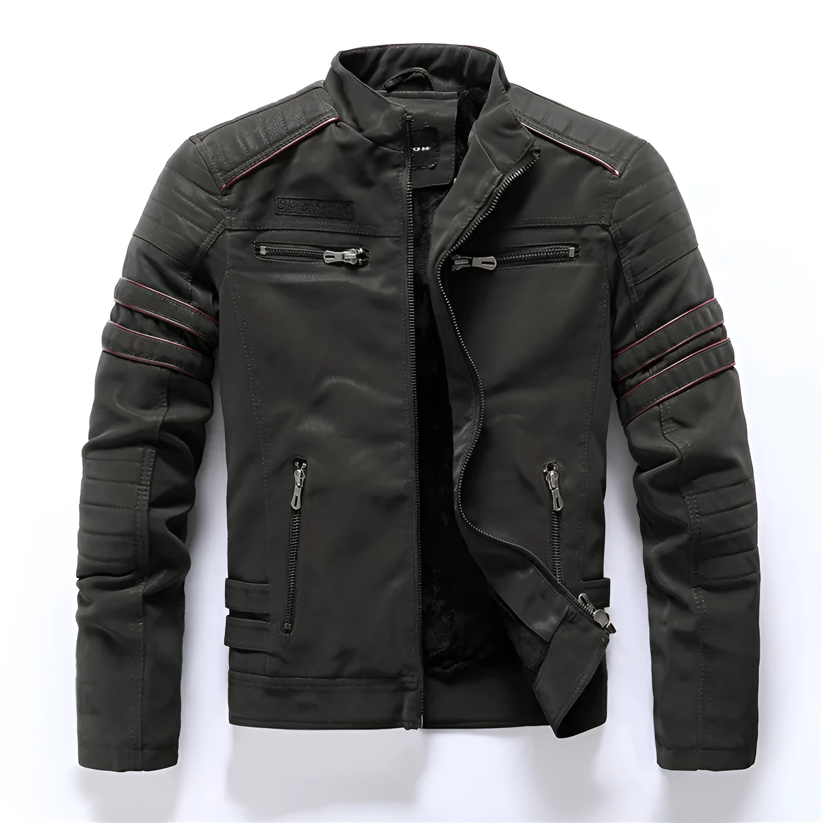 Men's brown PU leather biker jacket with front zip and lapel collar on a plain background