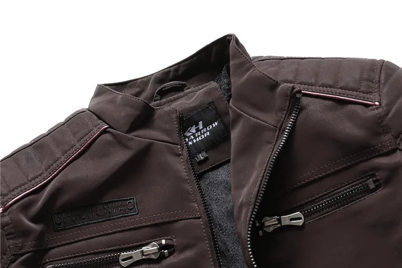 Men's brown PU leather biker jacket with front zip and lapel collar on a plain background