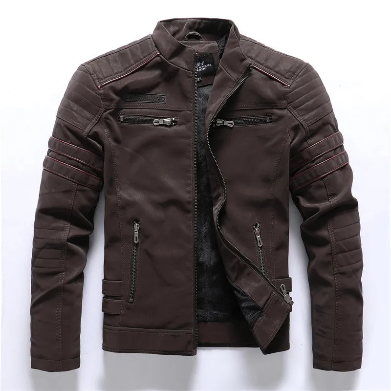 Men's brown PU leather biker jacket with front zip and lapel collar on a plain background