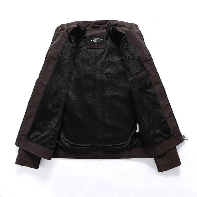 Men's brown PU leather biker jacket with front zip and lapel collar on a plain background