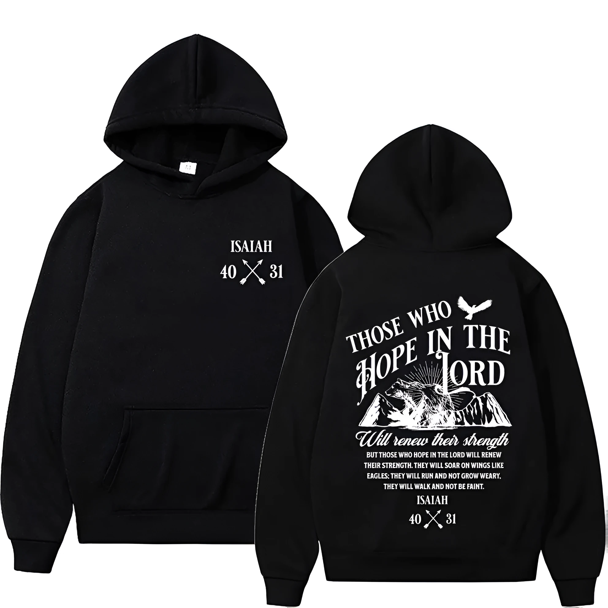 Christian Jesus letters print loose pullover hoodie in black on a plain background showing front print detail