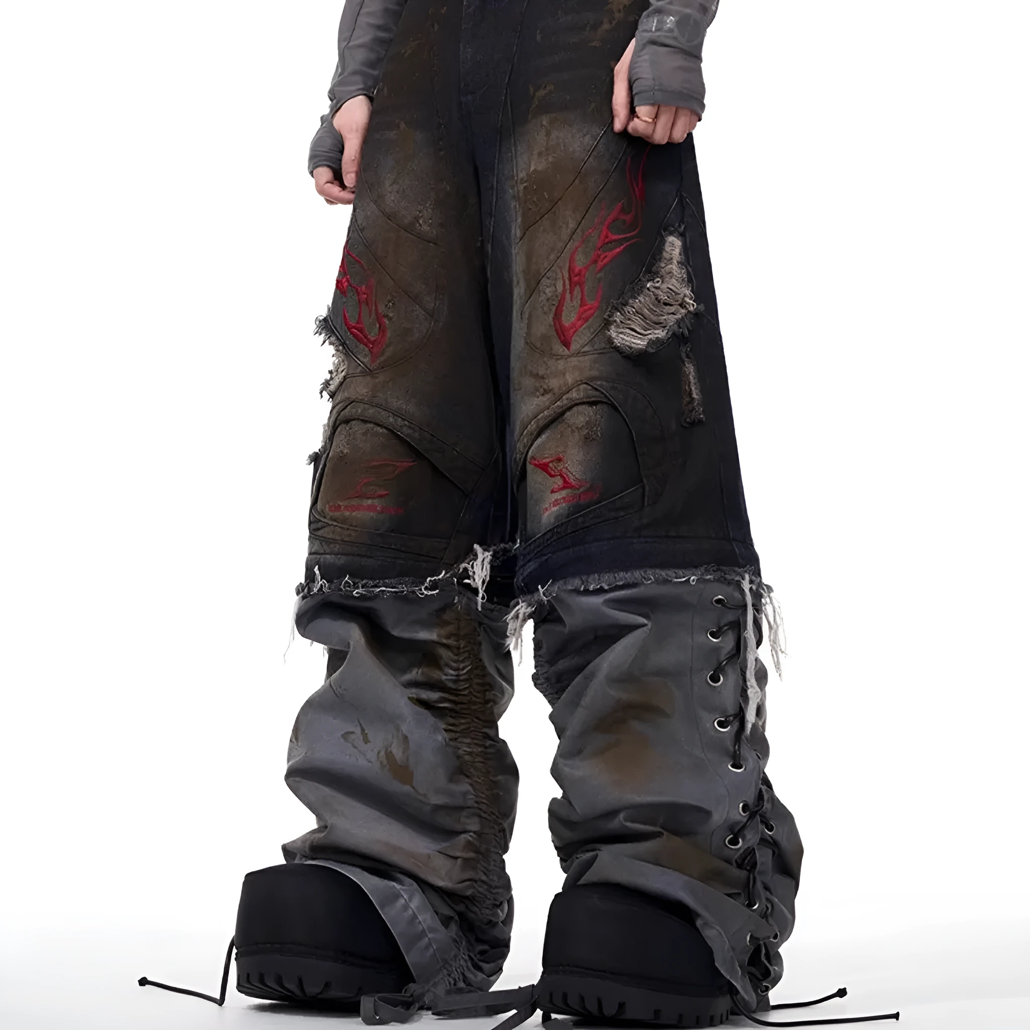 Men's retro denim jeans with detachable trouser legs in a wide-leg, loose fit