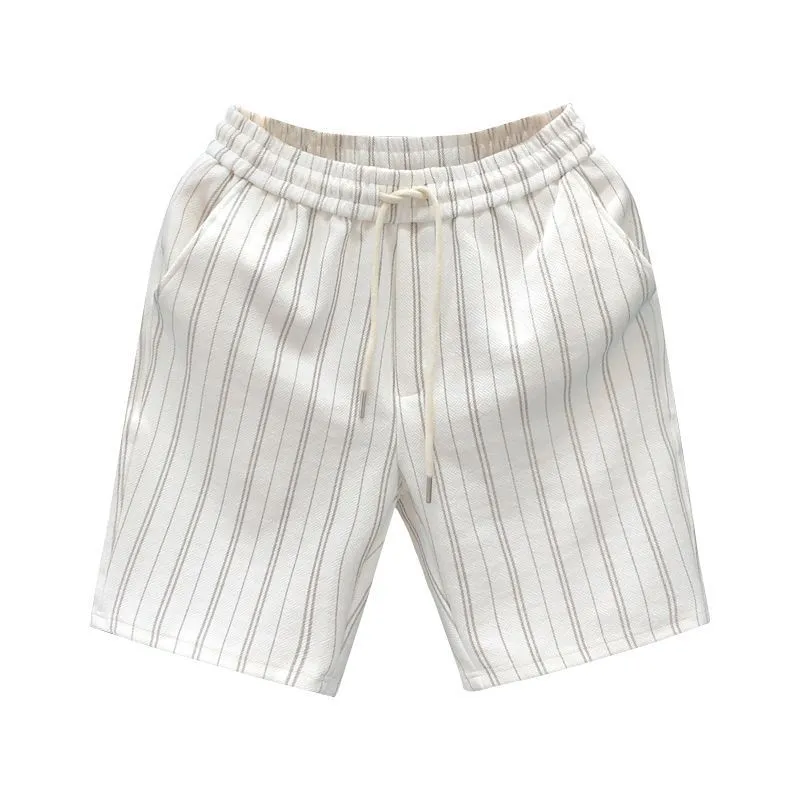 Men's black and white striped fleece-lined casual shorts with an elastic waistband