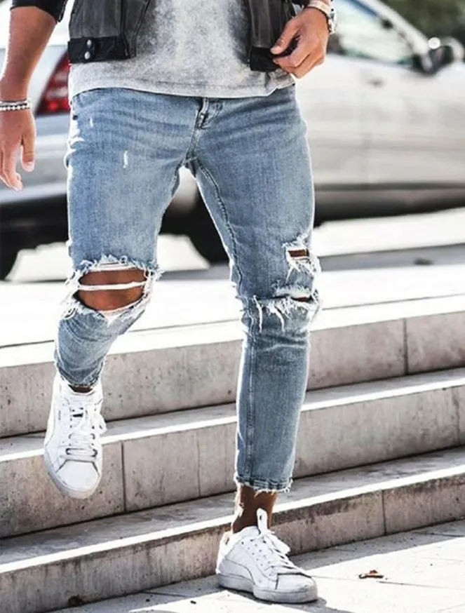 New Ripped Skinny Jeans for mens streetwear blue cotton denim distressed fit