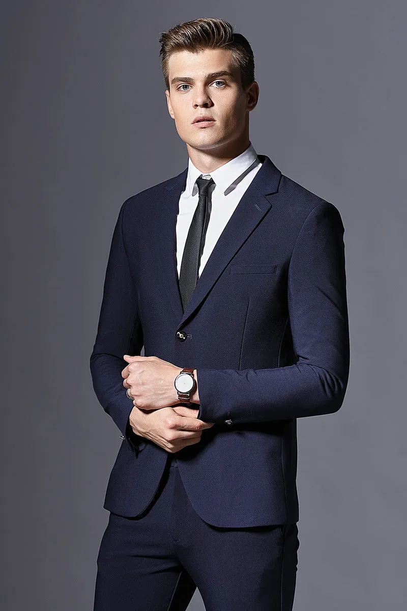 Men's slim fit three-piece suit set in black, acetate fibre blend, flat collar, back slit, size 48