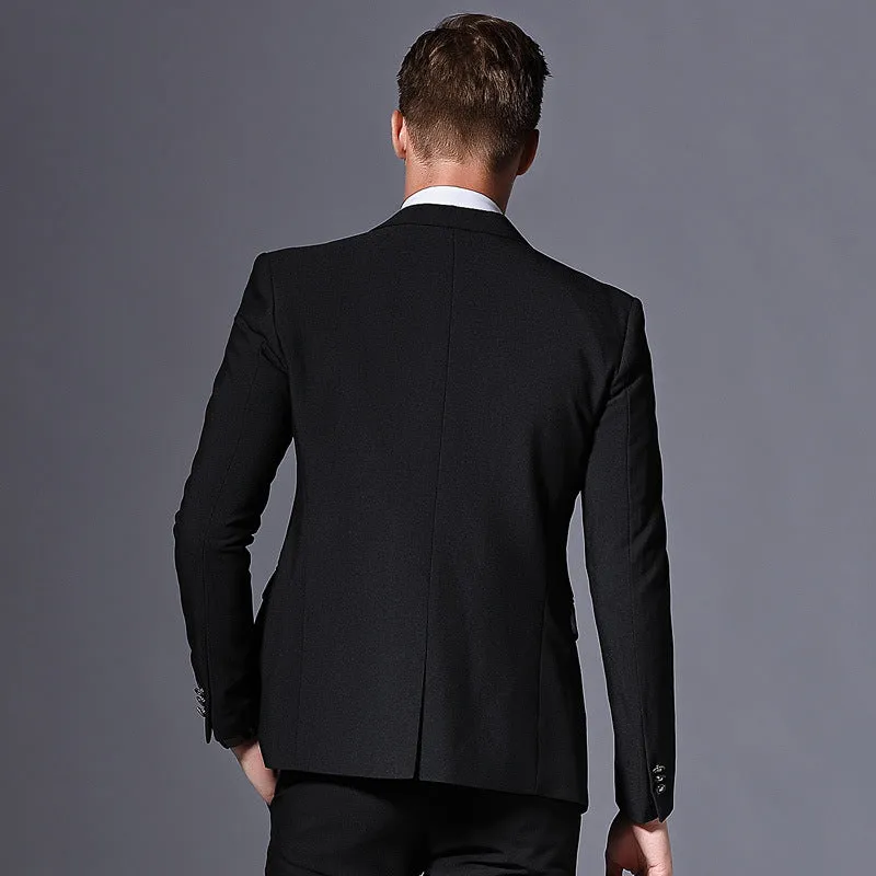 Men's slim fit three-piece suit set in black, acetate fibre blend, flat collar, back slit, size 48