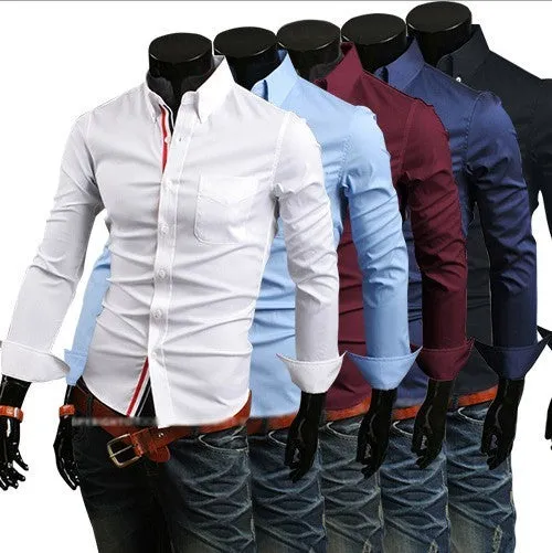 New men's long-sleeved cardigan lapel plain cotton blended shirt in navy blue with Asian sizing