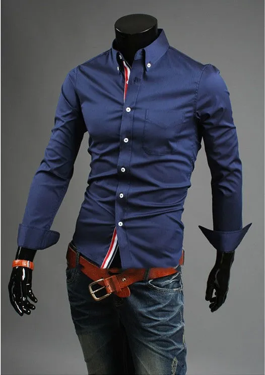 New men's long-sleeved cardigan lapel plain cotton blended shirt in navy blue with Asian sizing